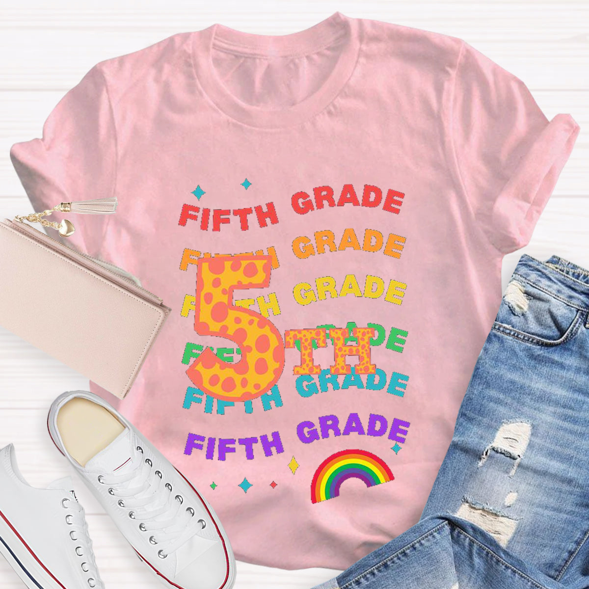 Personalized Grade Rainbow Teacher T-Shirt