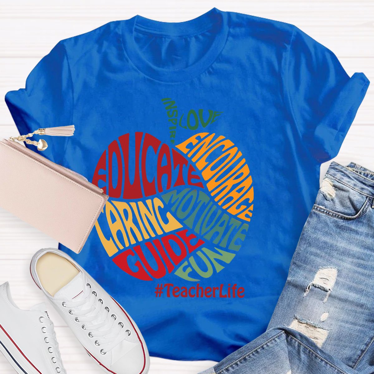 Colorful Apple Typography Caring Guide Educate T-Shirt