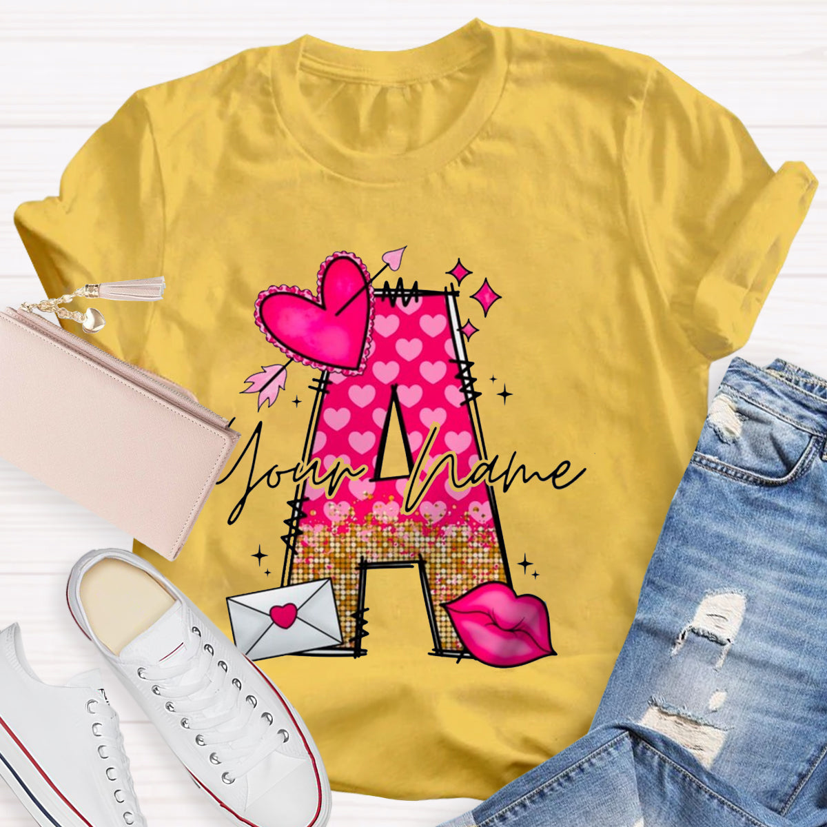 Personalized Name Pink Heart Letter T-Shirt