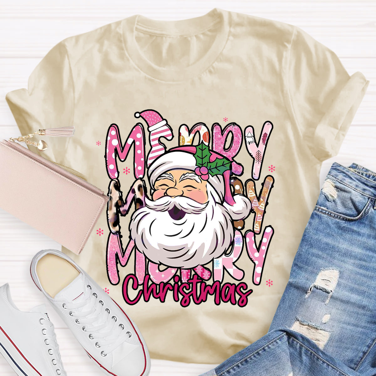 Pink Santa Claus Merry Christmas Teacher T-Shirt