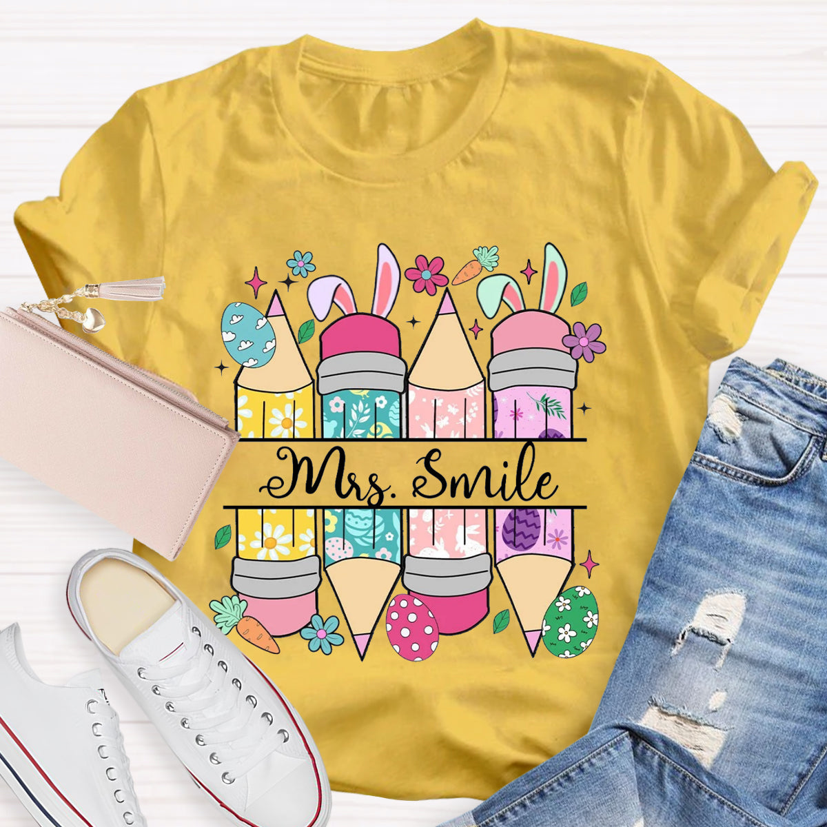 Personalized Name Easter Bunny Pencil Teacher T-Shirt