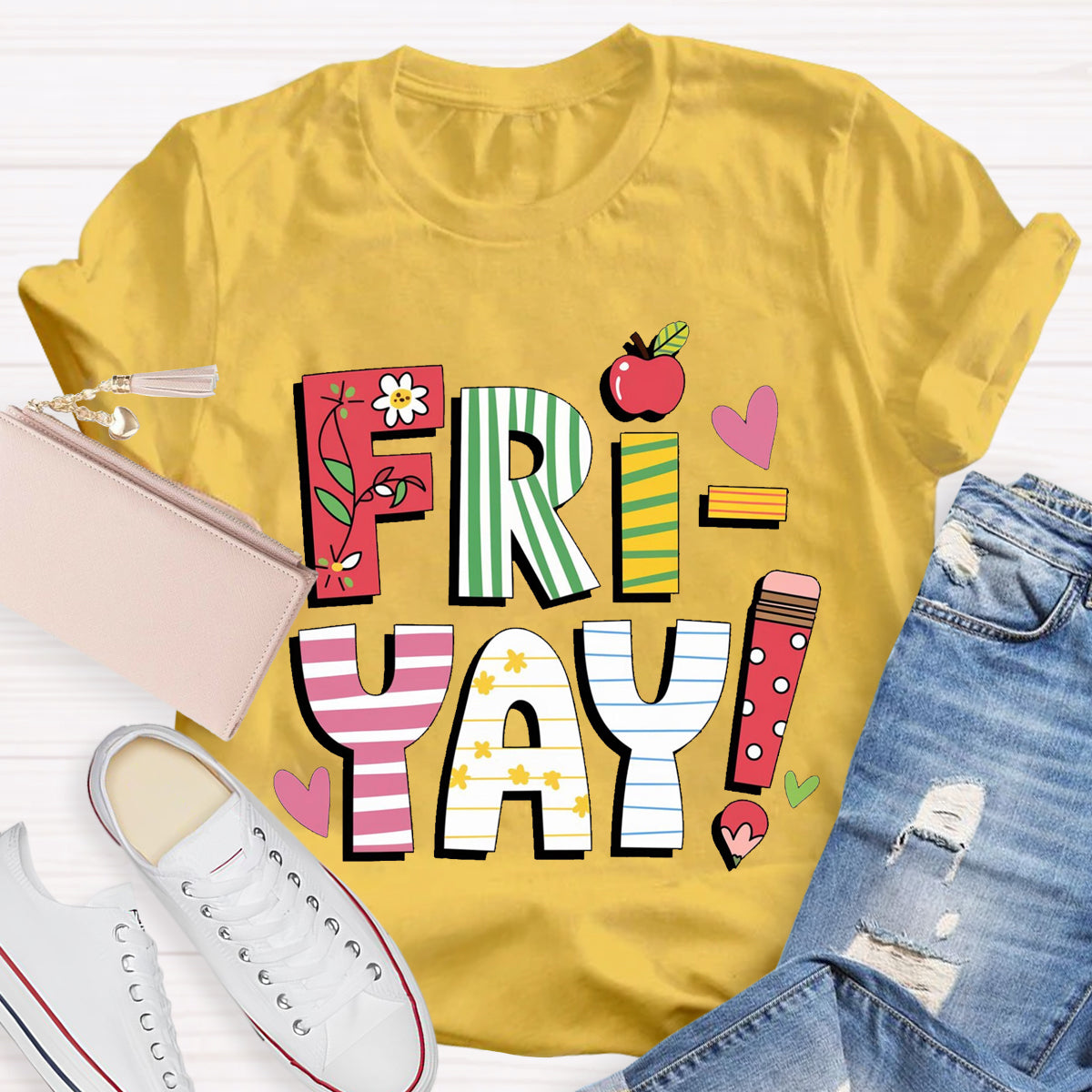 Fri-yay Floral Apple Pencil Teacher T-Shirt