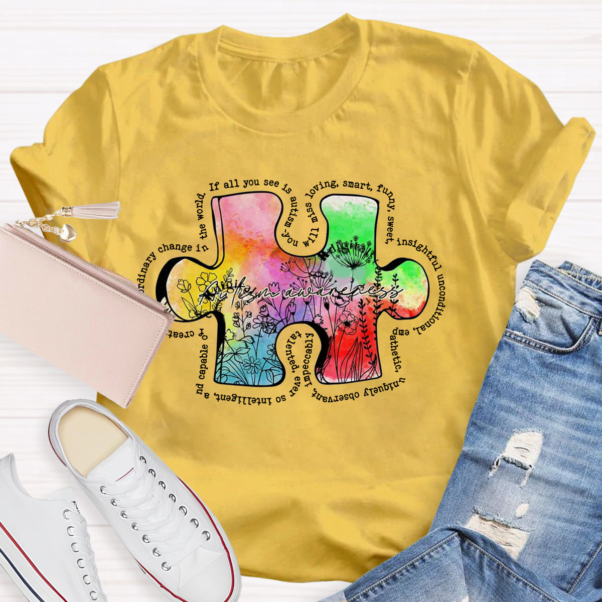 Retro Wildflower Colorful Autism Puzzle Design T-Shirt