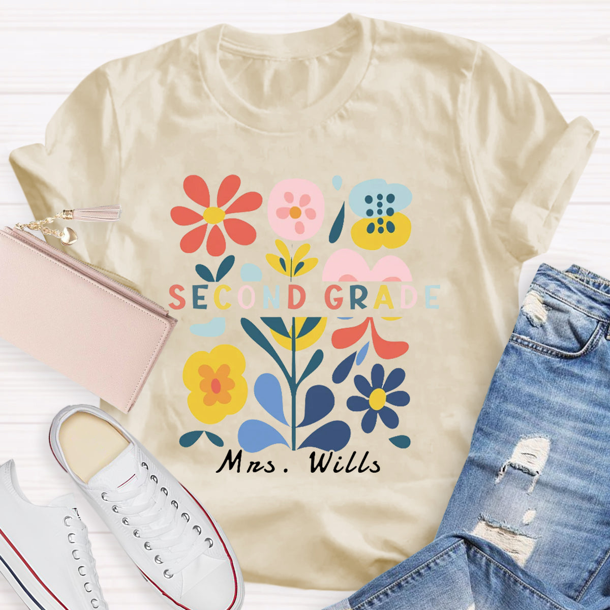 Personalized Name And Grade Floral Teacher T-Shirt