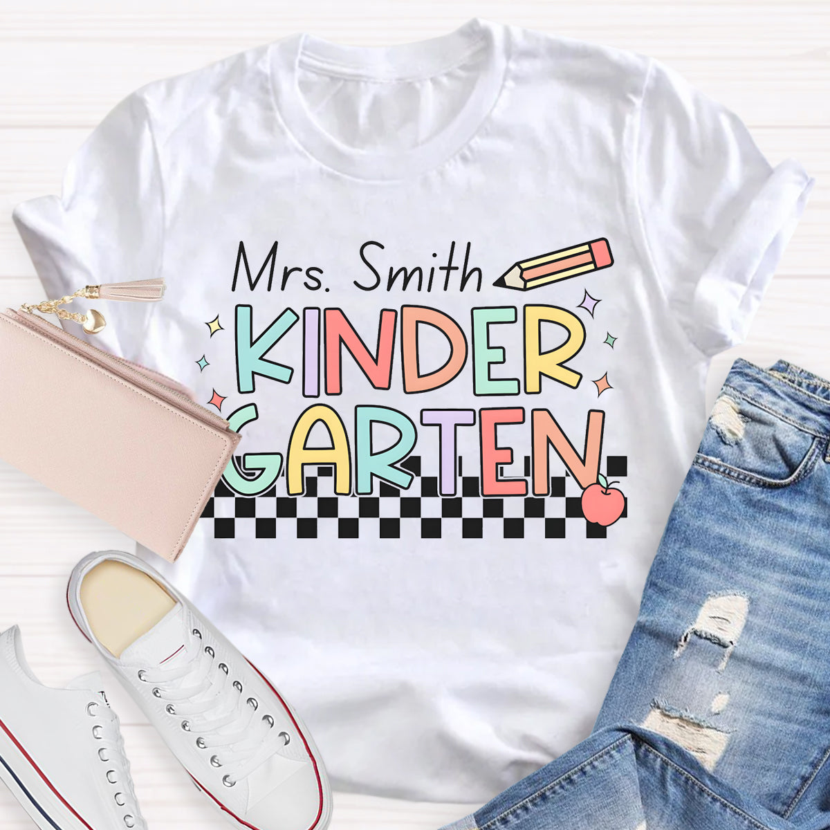 Personalized Name And Grade Checkerboard Teacher T-Shirt