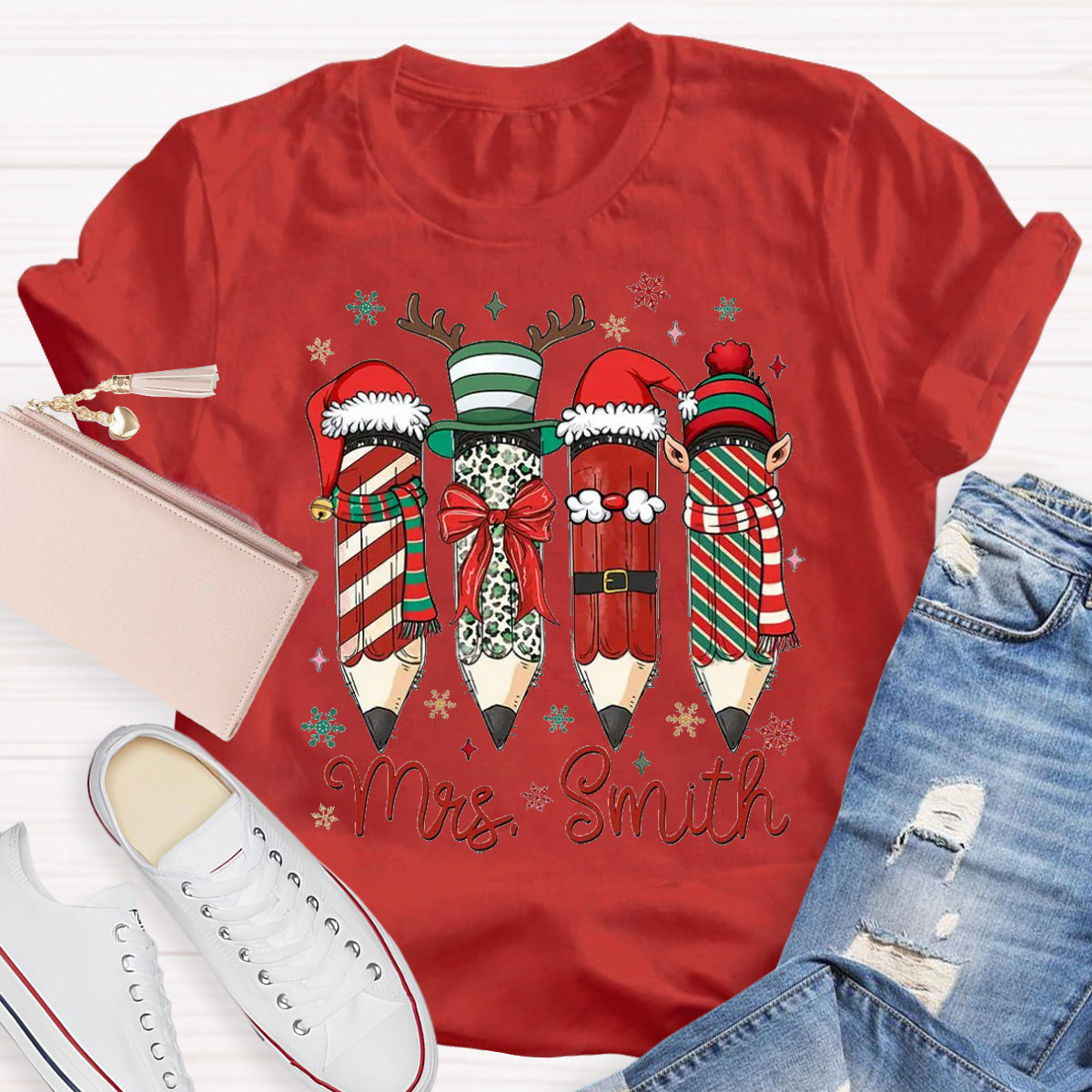 Personalized Name Cute Christmas Pencil Teacher T-Shirt