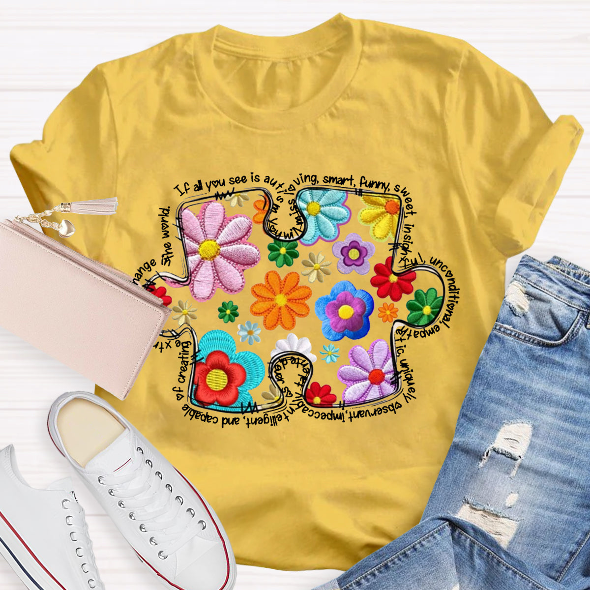 Floral Puzzle Pieces Austim T-Shirt