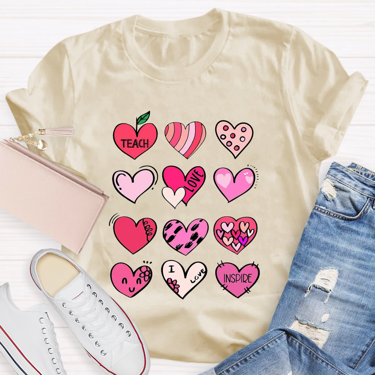 Cartoon Hearts Teach Love Inspire Teacher T-Shirt