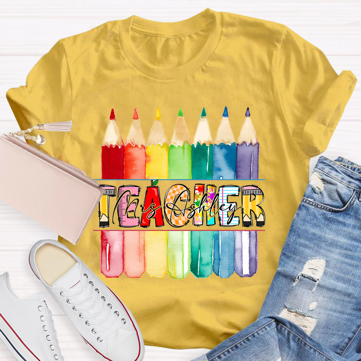 Personalized Teacher's Name Colorful Pencil T-Shirt