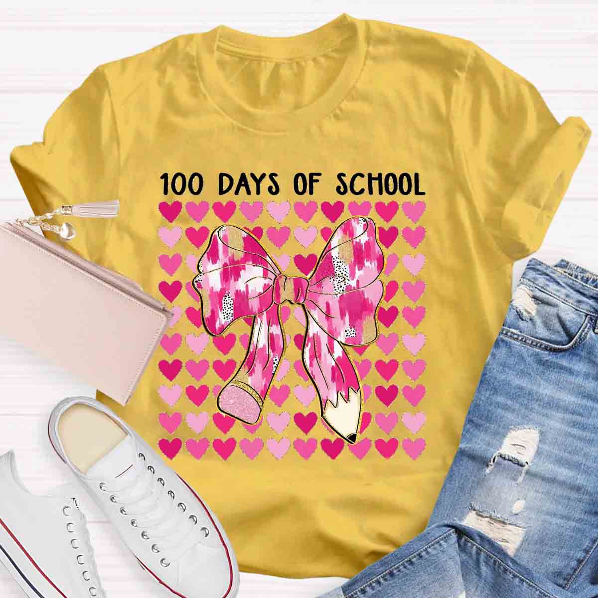 100 Days Of School Pink Heart Bow Teacher T-Shirt