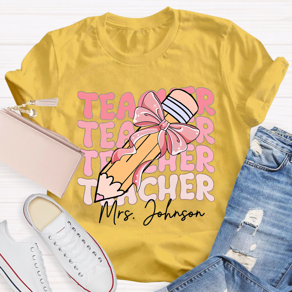 Personalized Name Pink Pencil Teacher Mrs Johnson T-Shirt