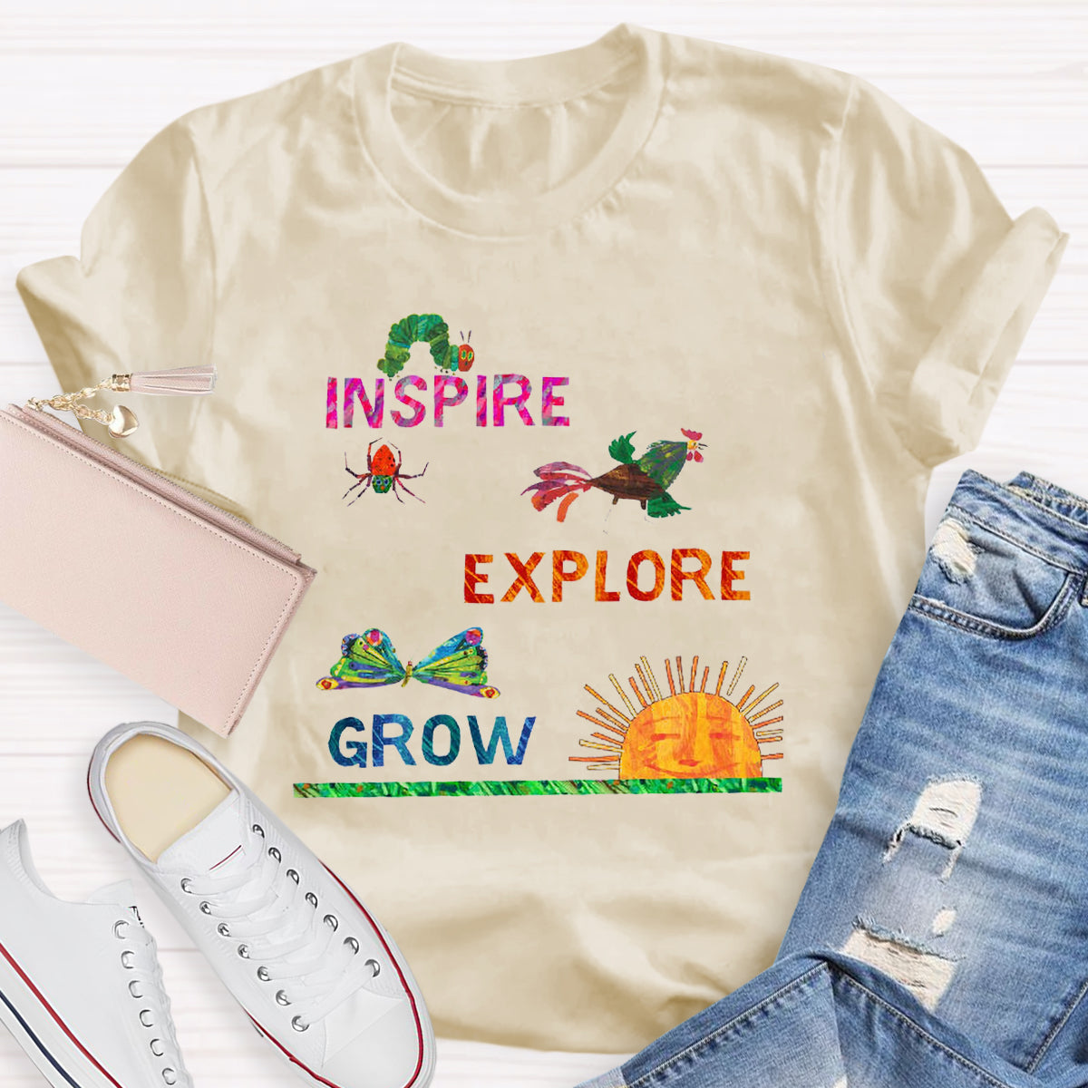 Inspire Explore Grow Caterpillar Grows Colorful Butterfly T-Shirt