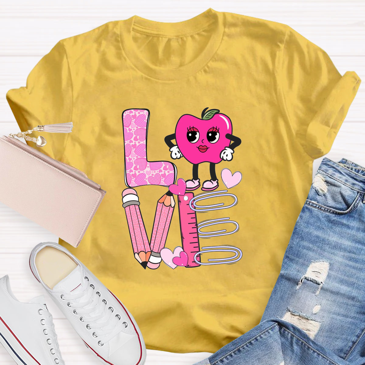 Pink Apple Love Teacher T-Shirt