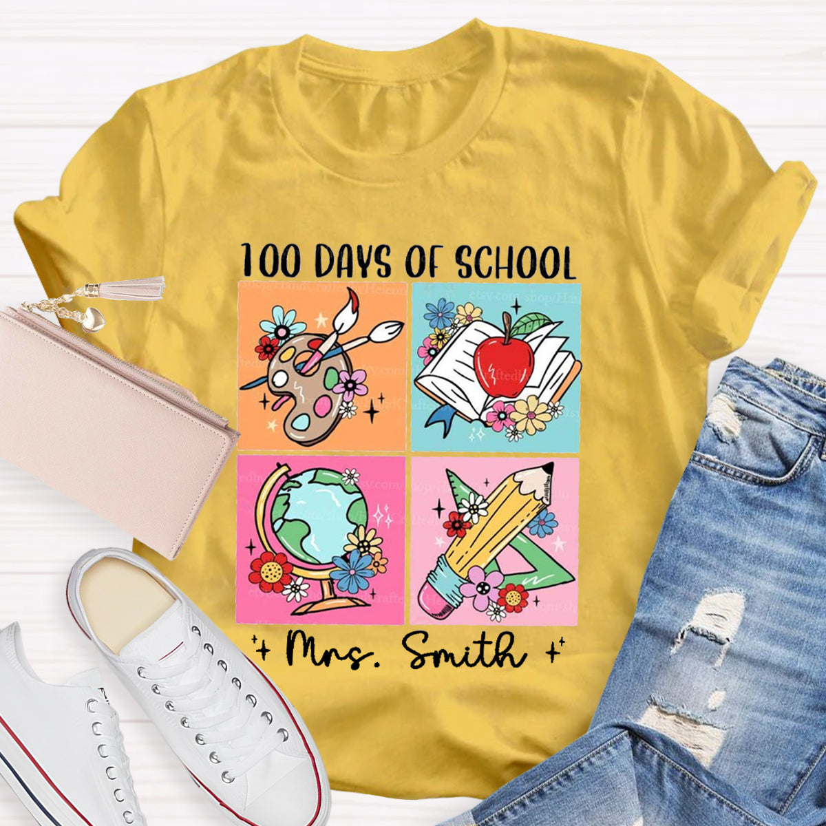 Personalized Name 100 Days Of School Pencil Apple T-Shirt