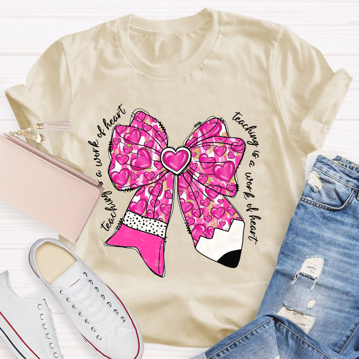 Teaching Is A Work Of Heart Pink Bow Teacher T-Shirt