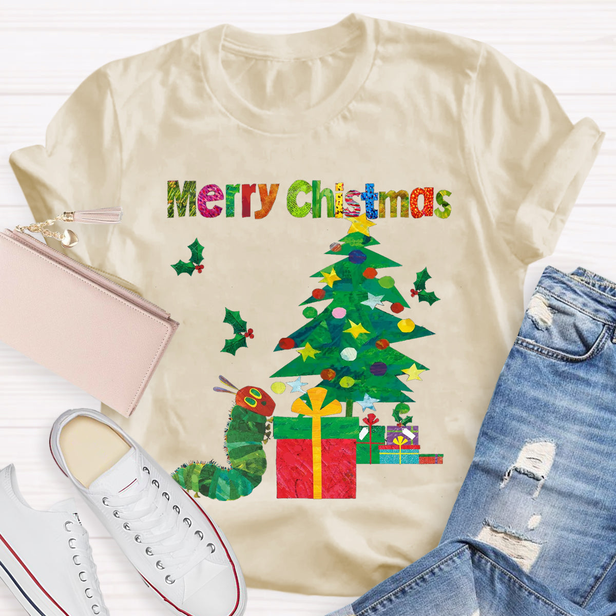 Merry Christmas Caterpillar Crawling Towards Christmas Tree T-Shirt