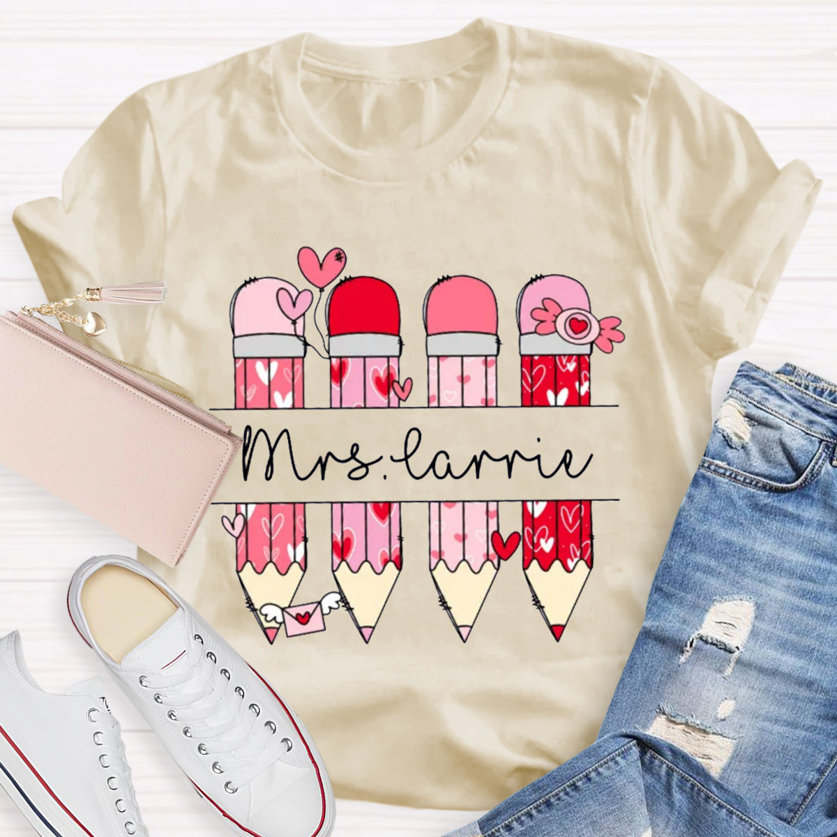 Personalized Name Valentine's Day Pink Pencil Teacher T-Shirt