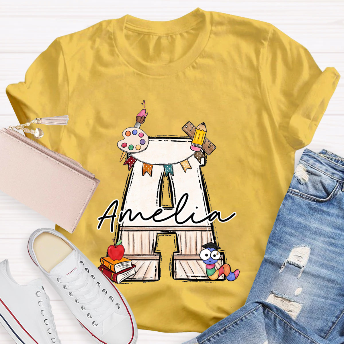 Personalized Name Drawing board And Caterpillar Teacher T-Shirt