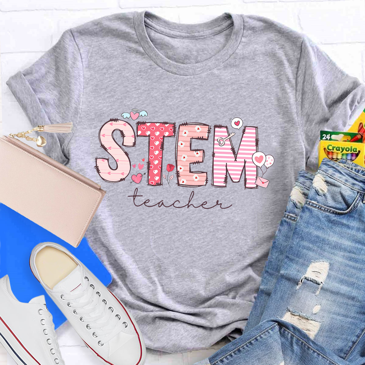 STEM Teacher Pink Heart Printed T-Shirt