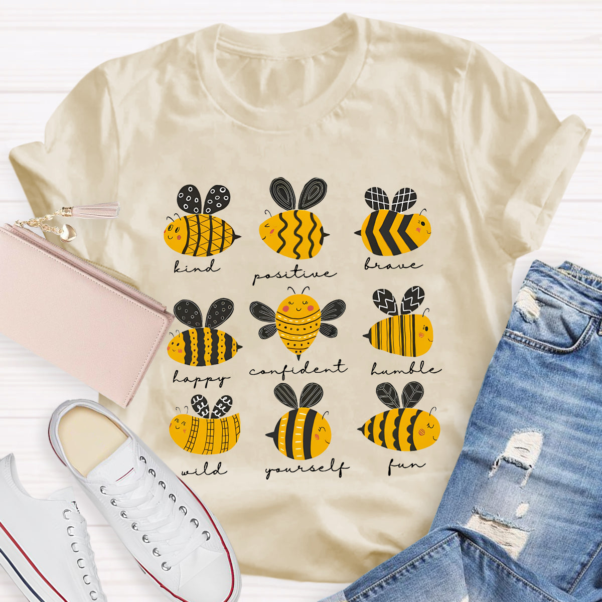 Bee Kind Positive Brave Happy Confident Humble Teacher T-Shirt