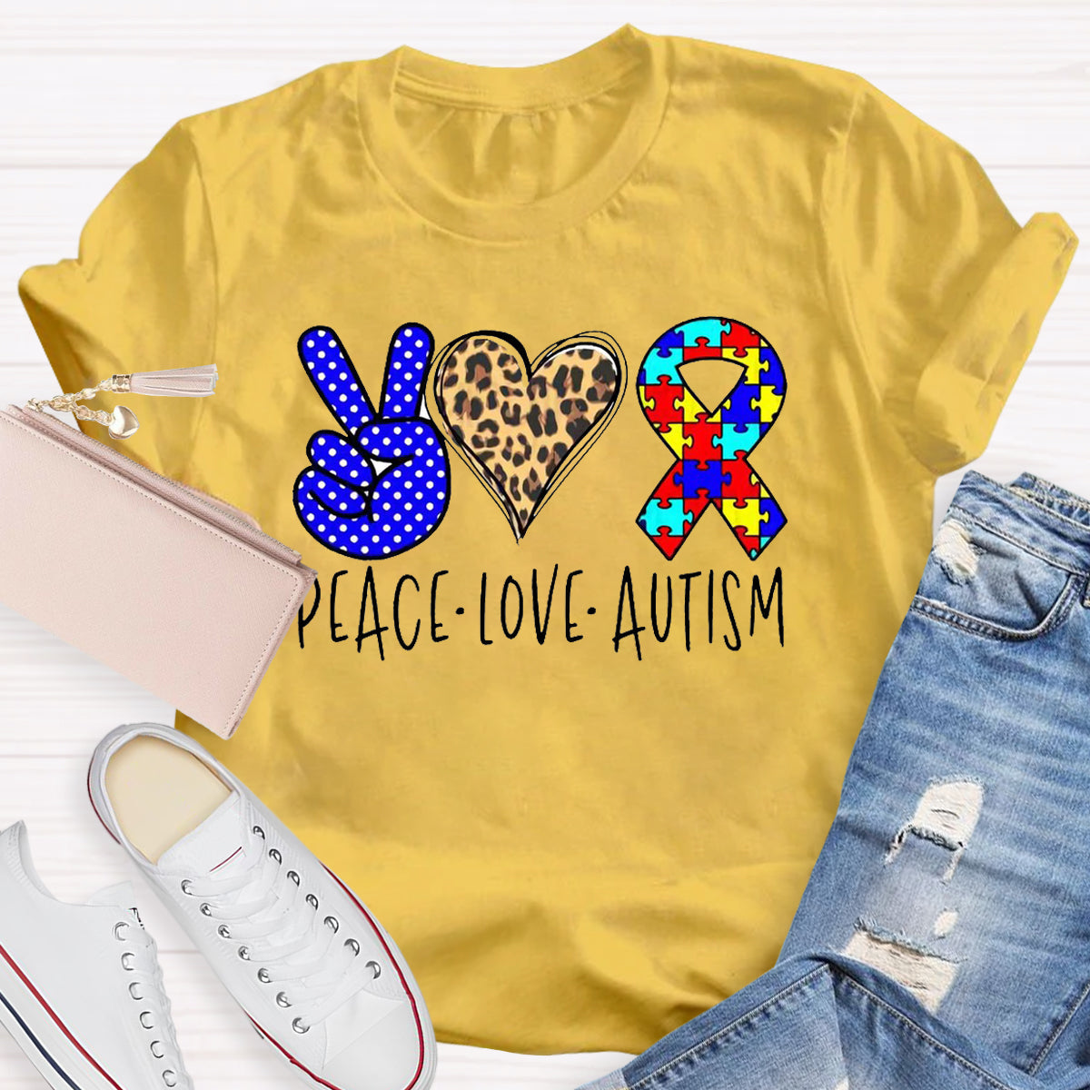 Peace love Autism Leopard Heart T-Shirt