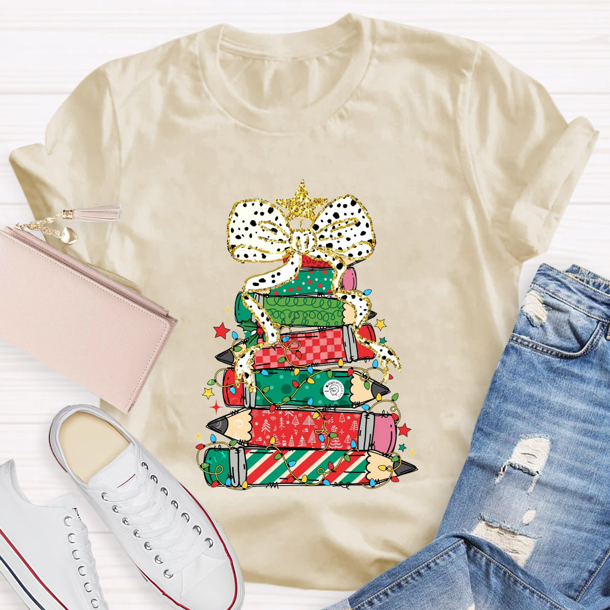 Pencil Tree  Bow Teacher T-Shirt