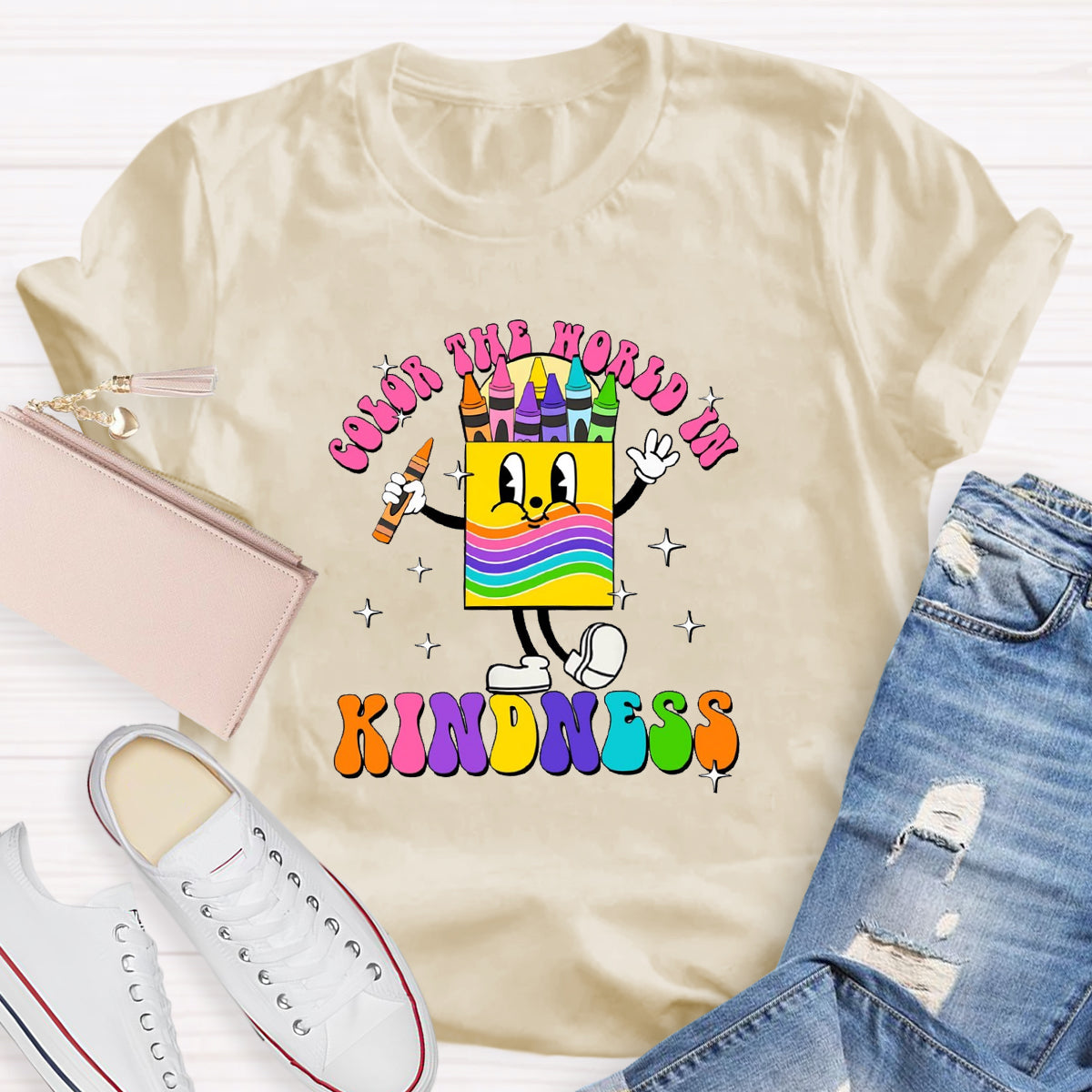 Color The World In Kindness Crayon Pencil Teacher T-Shirt