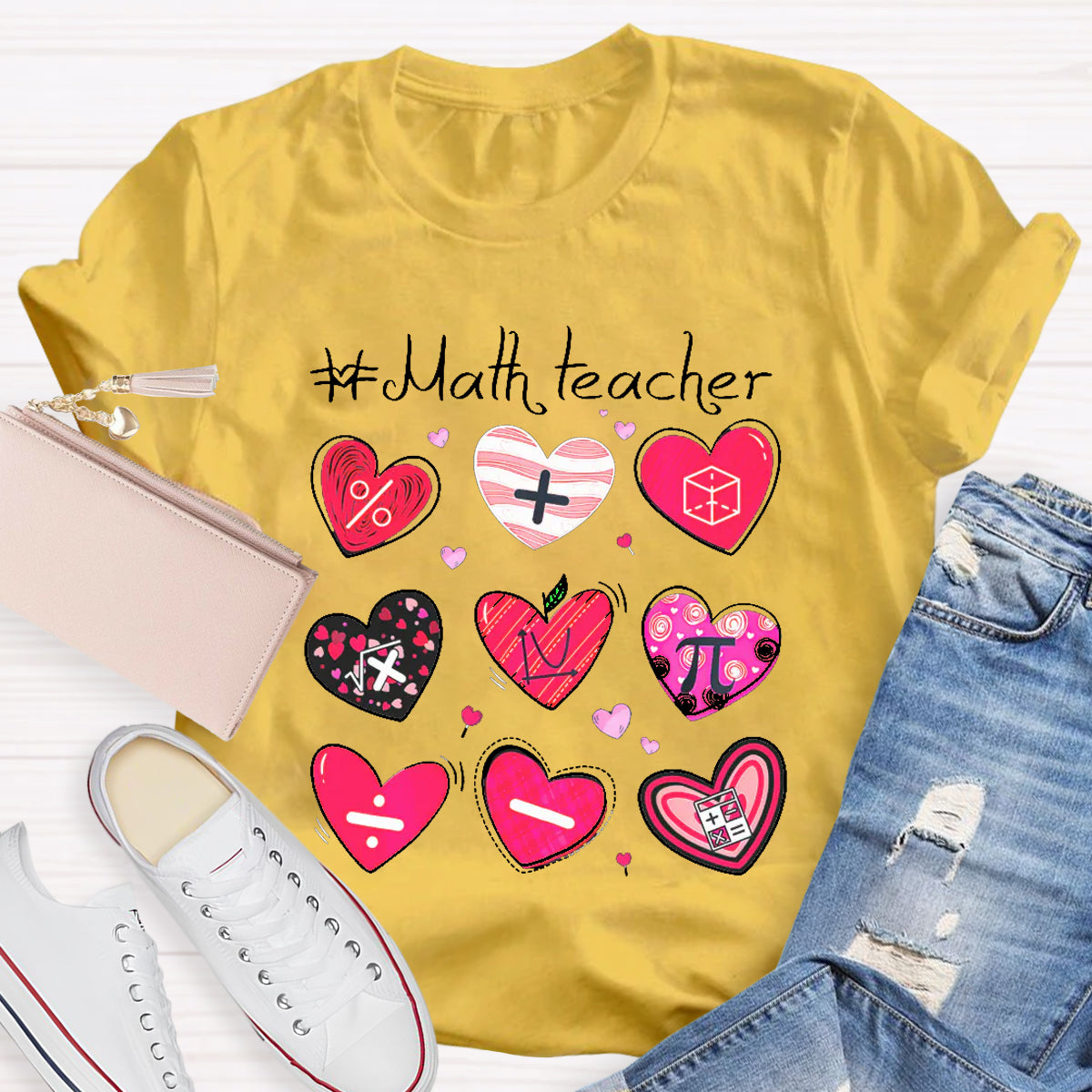 Red Heart Math Symbols Teacher T-Shirt