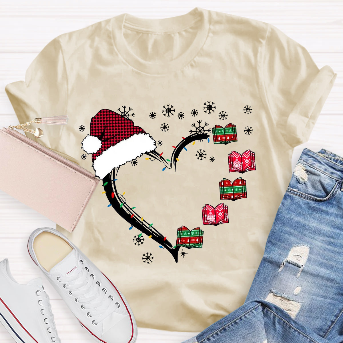 Christmas Books Heart Teacher T-Shirt