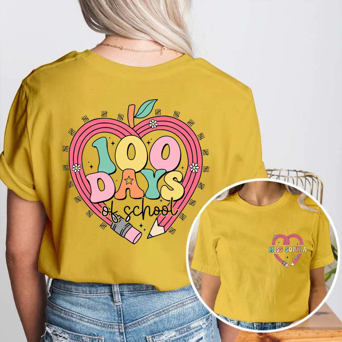 Personalized Name 100 Days Of School Pencil Heart Double Printed T-shirt