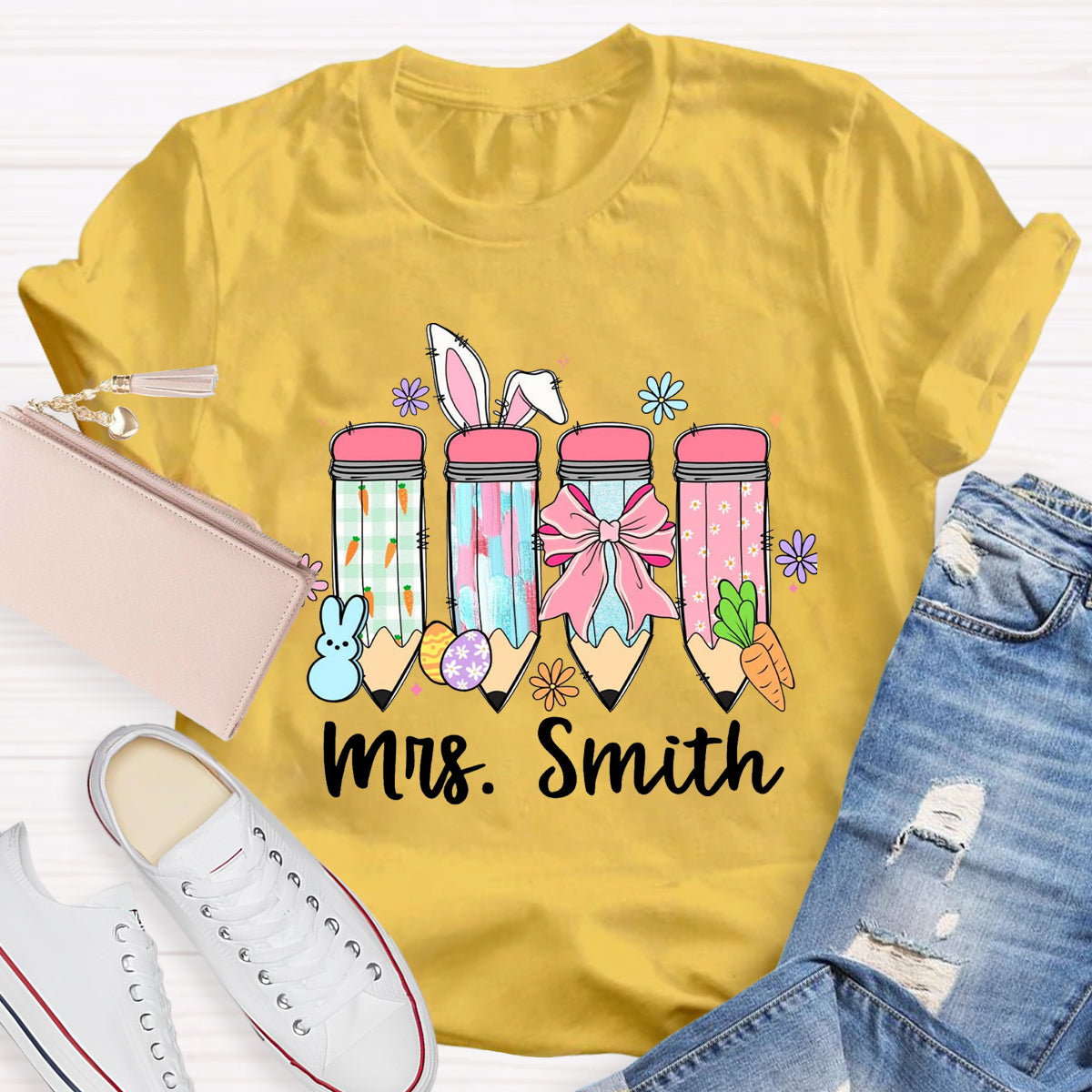 Personalized Name Easter Bunny Carrot Teacher T-Shirt