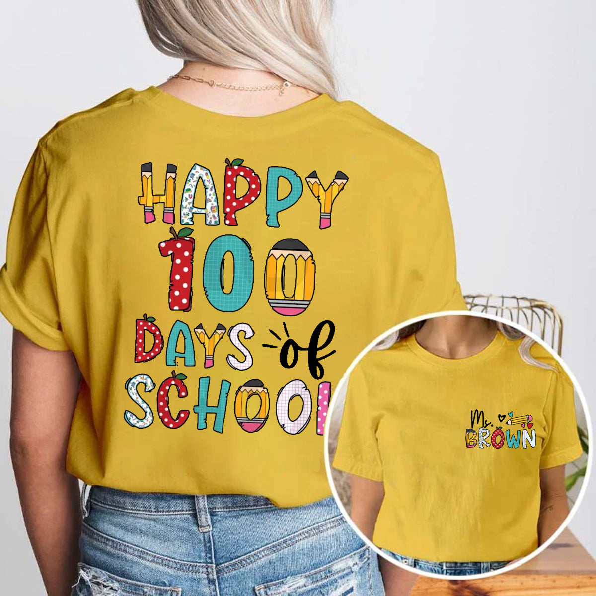 Personalized Name Happy 100 Days Of School Double Printed T-shirt