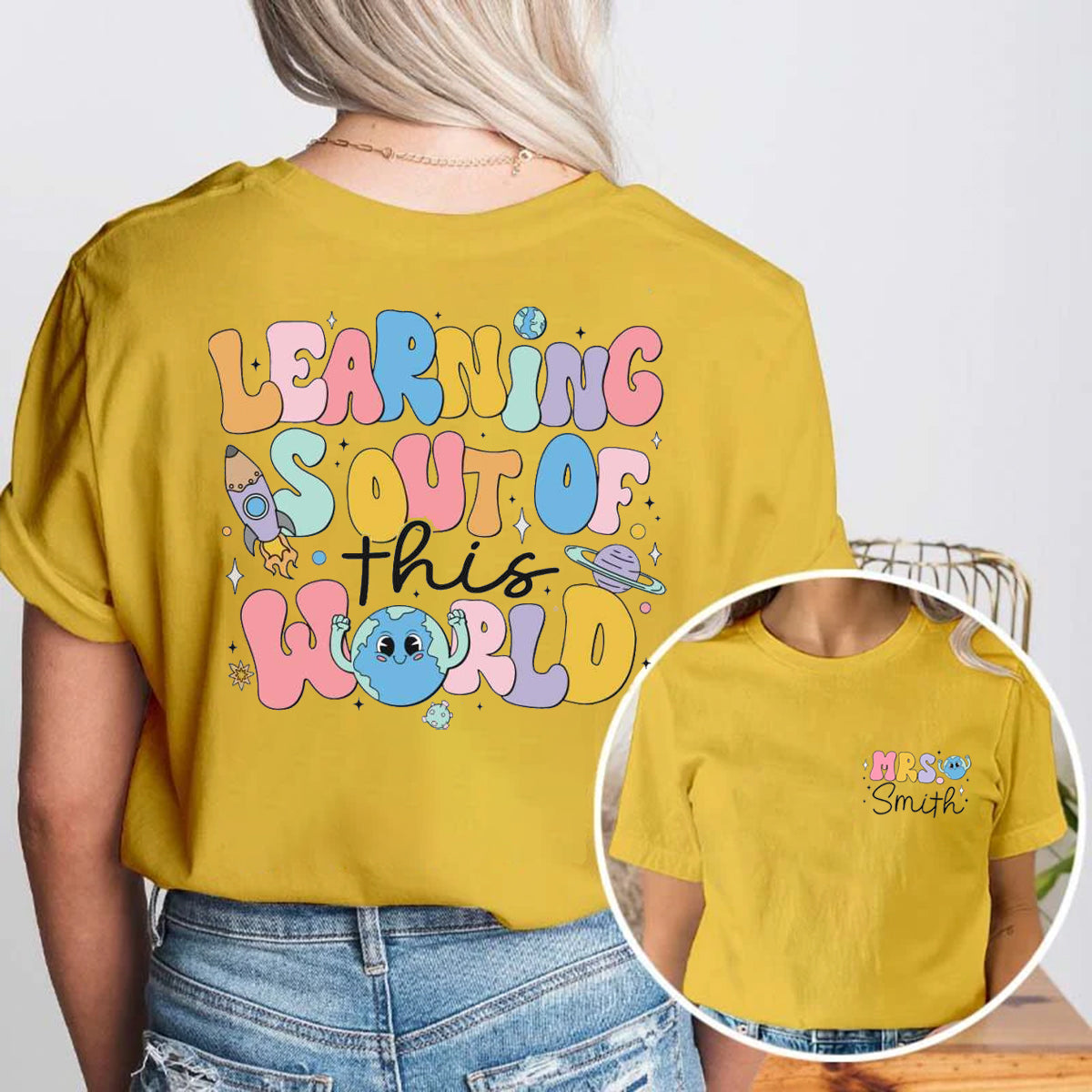 Personalized Name Learning Is Out Of This World Double Printed T-shirt