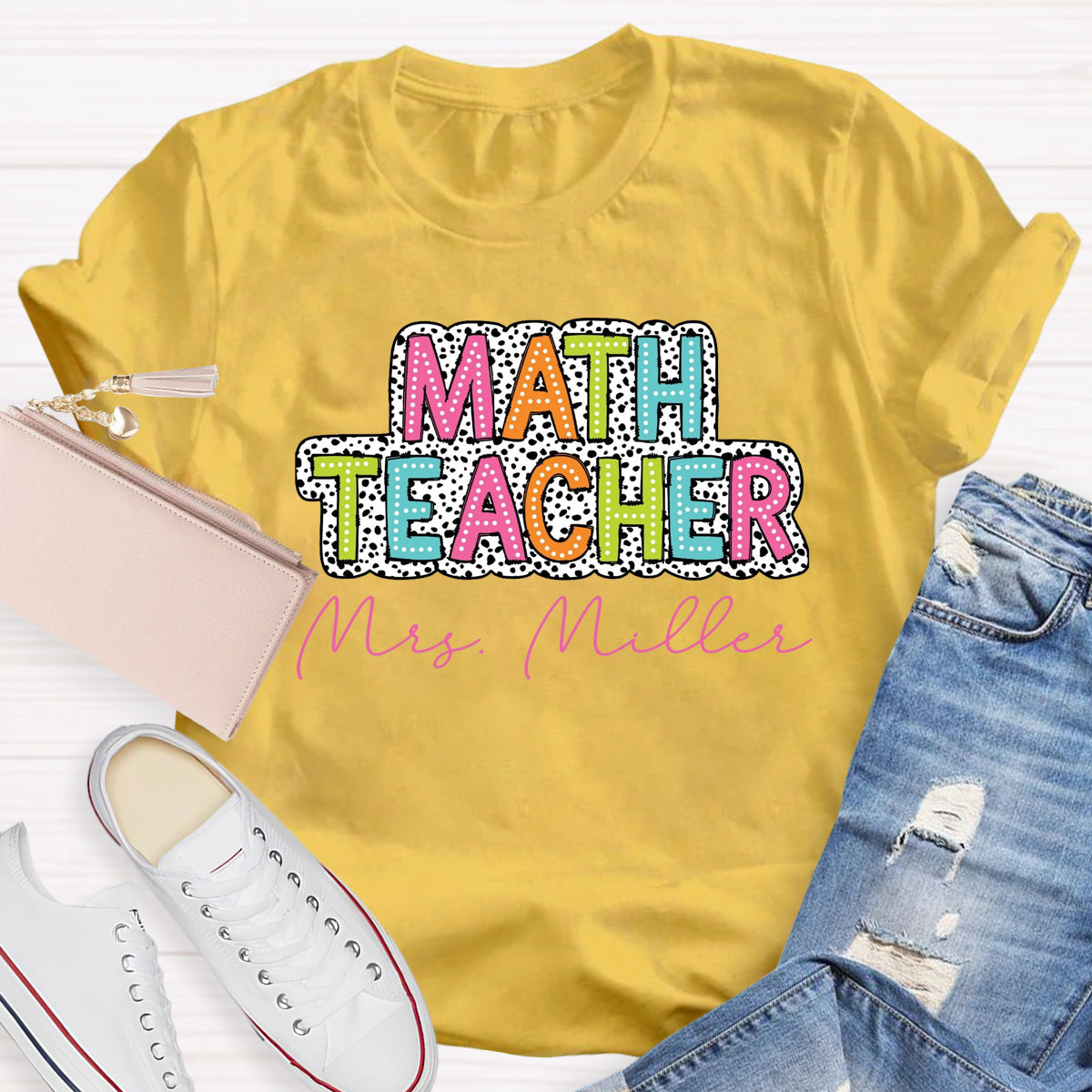 Personalized Name Dalmatian Dots Math Teacher T-Shirt