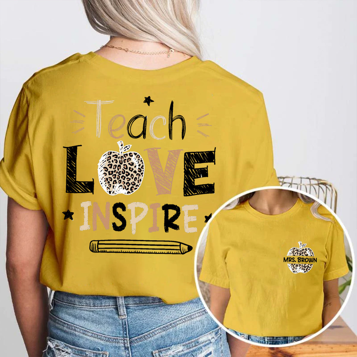 Personalized Name Teach Love Inspire Leopard Apple  Double Printed T-shirt