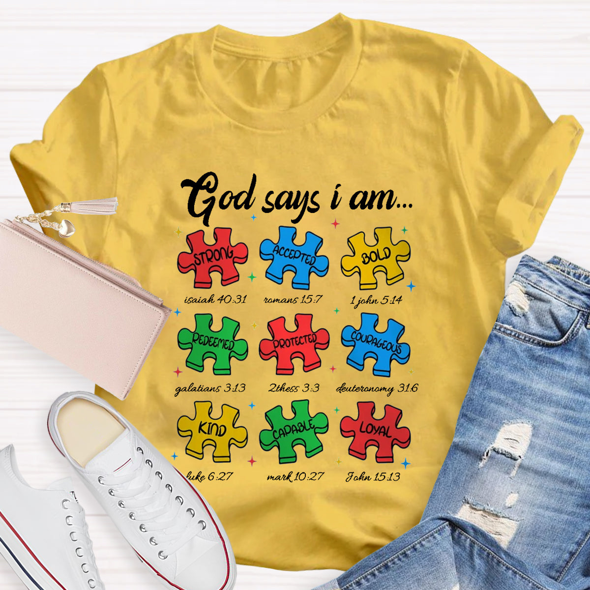 God Says I am Strong Puzzle Pieces Autism T-Shirt