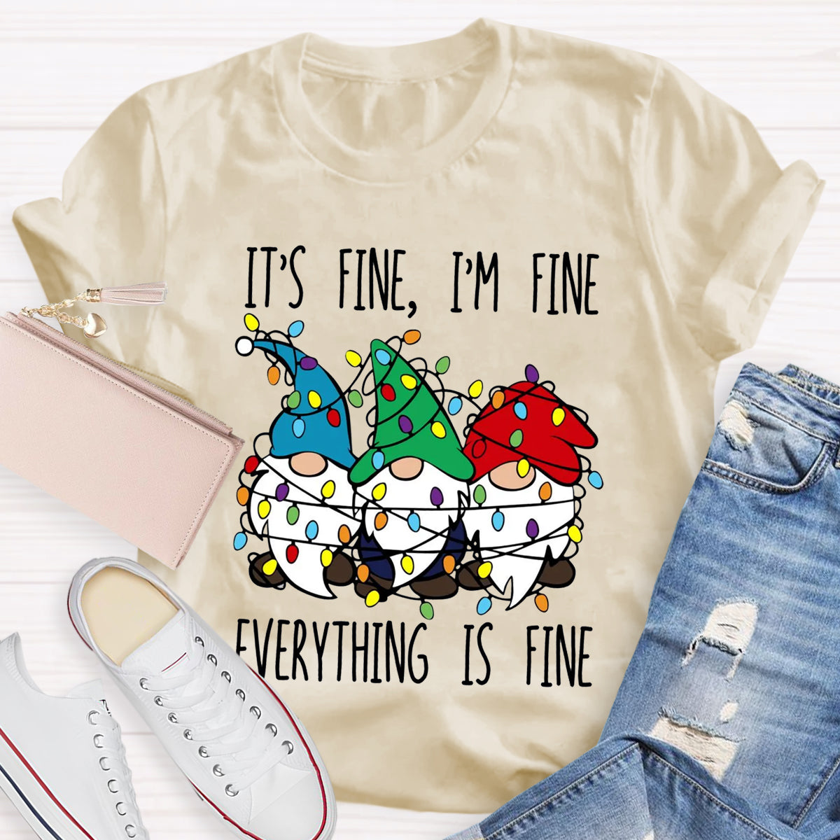 It's Fine I'M Fine Everything Is Fine Three Gnomes Christmas T-Shirt