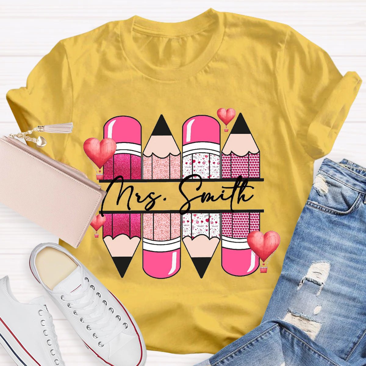 Personalized Name Pink Pencil Hot Air Balloon T-Shirt