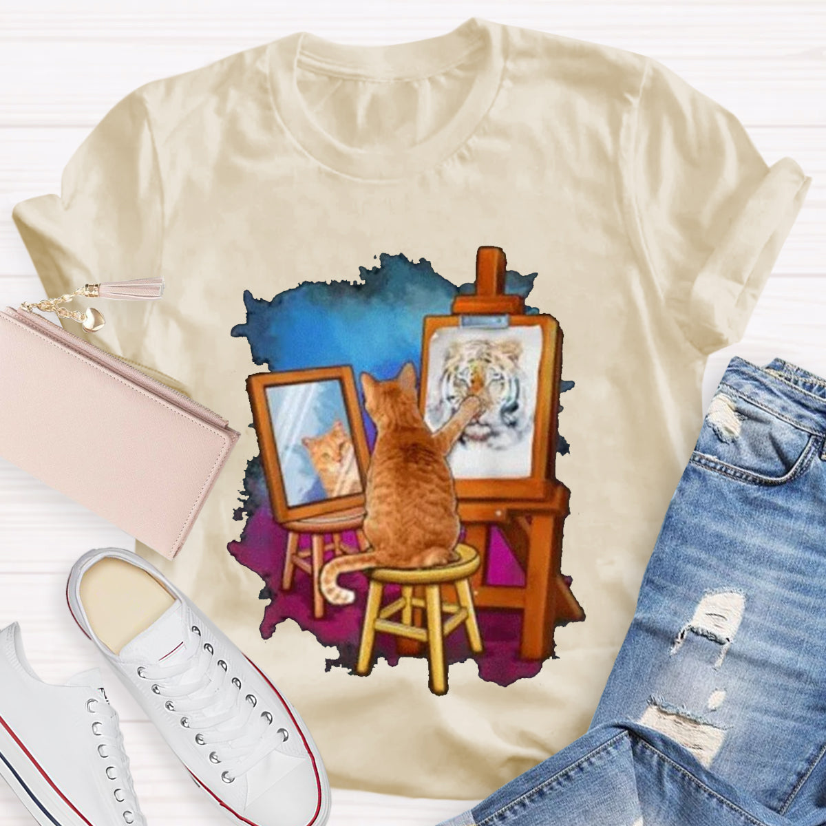 Funny Cat Painting Lion Teacher T-Shirt