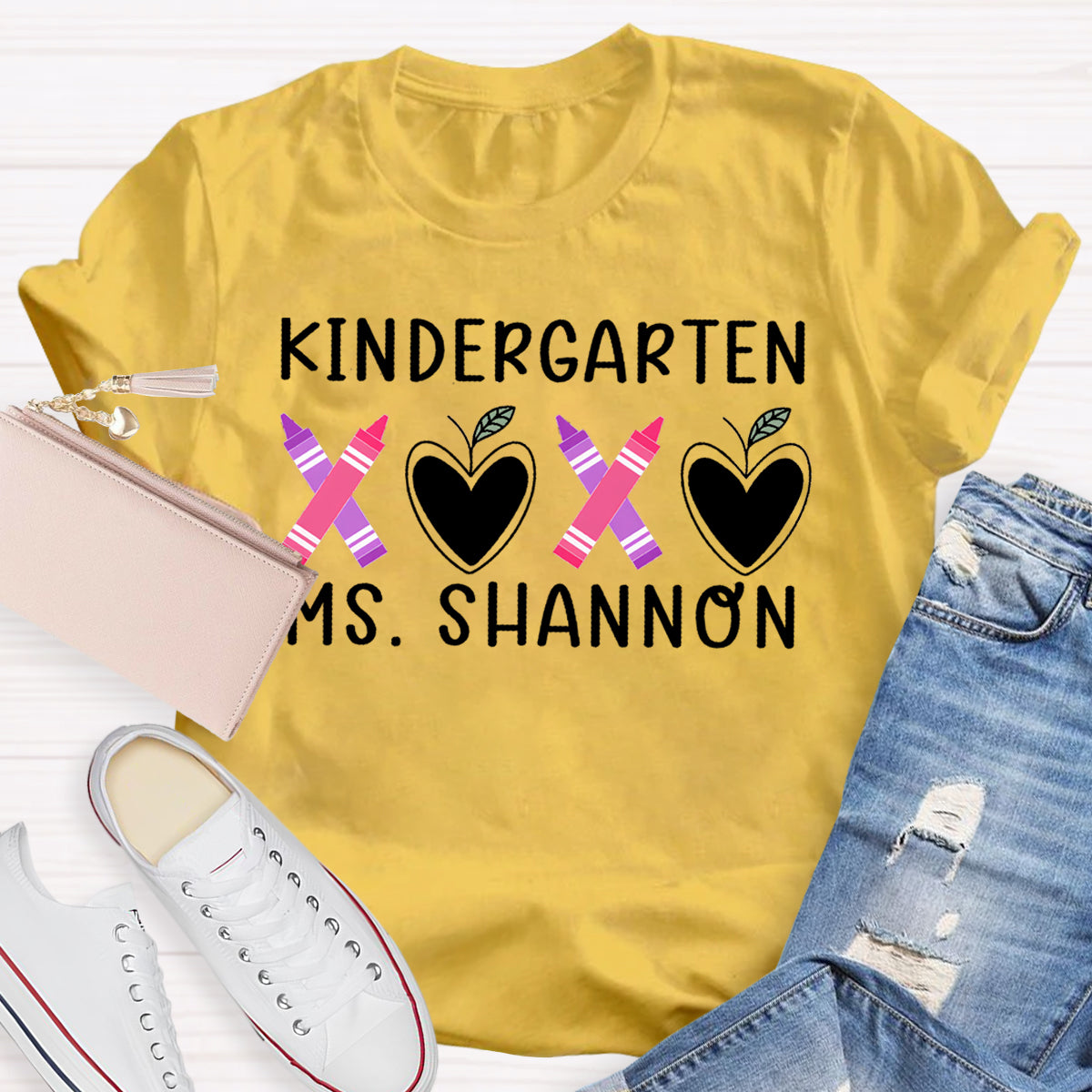 Personalized Grade And Name Pink Heart Crayon Teacher T-Shirt