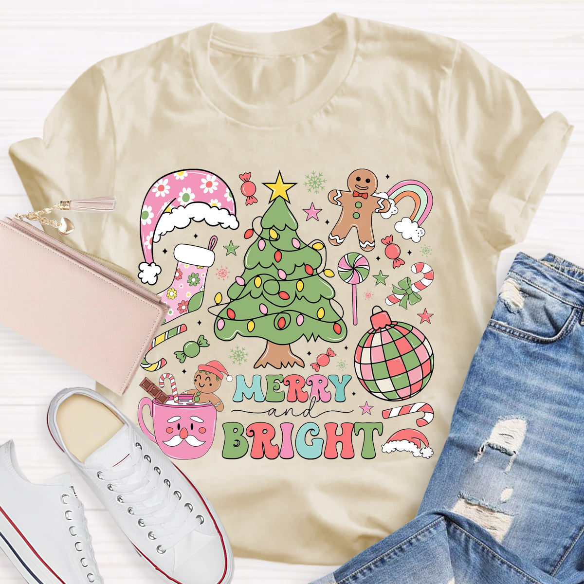 Merry And Bright Christmas Tree Teacher T-Shirt