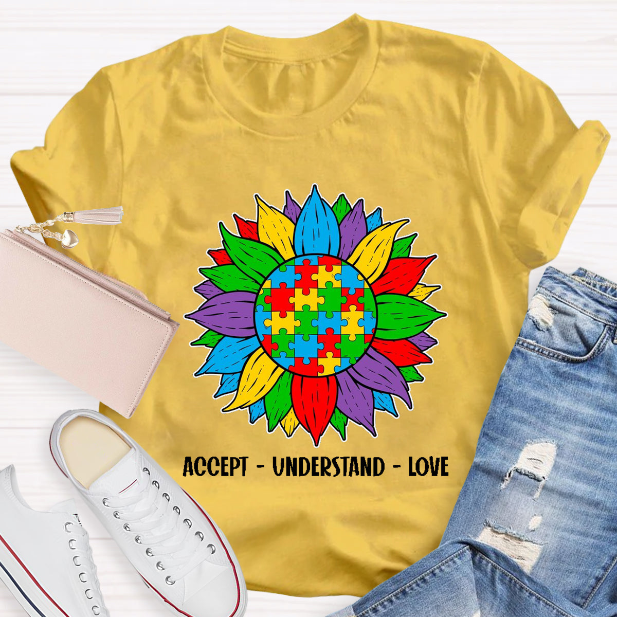 Accept Understand Love Colorful Sunflower Teacher T-Shirt