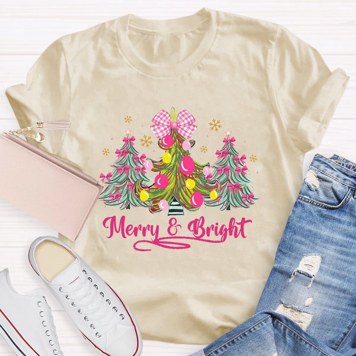 Bow Christmas Tree Merry And Bright Christmas Teacher T-Shirt