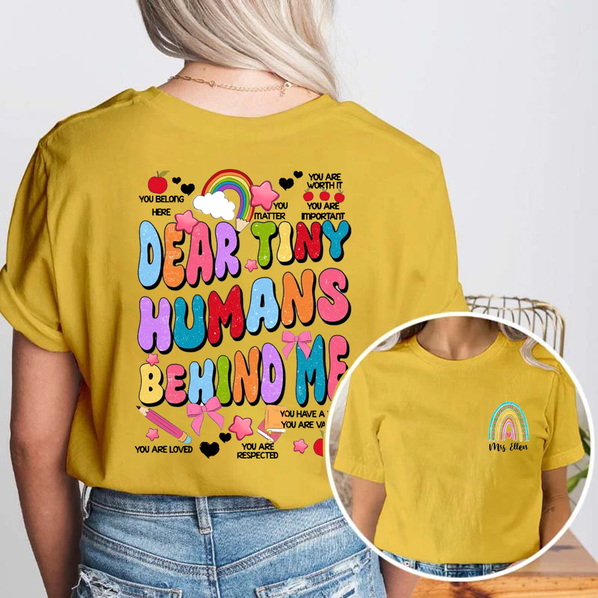 Personalized Name Rainbow Dear Tiny Human Behind Me Double Printed T-shirt