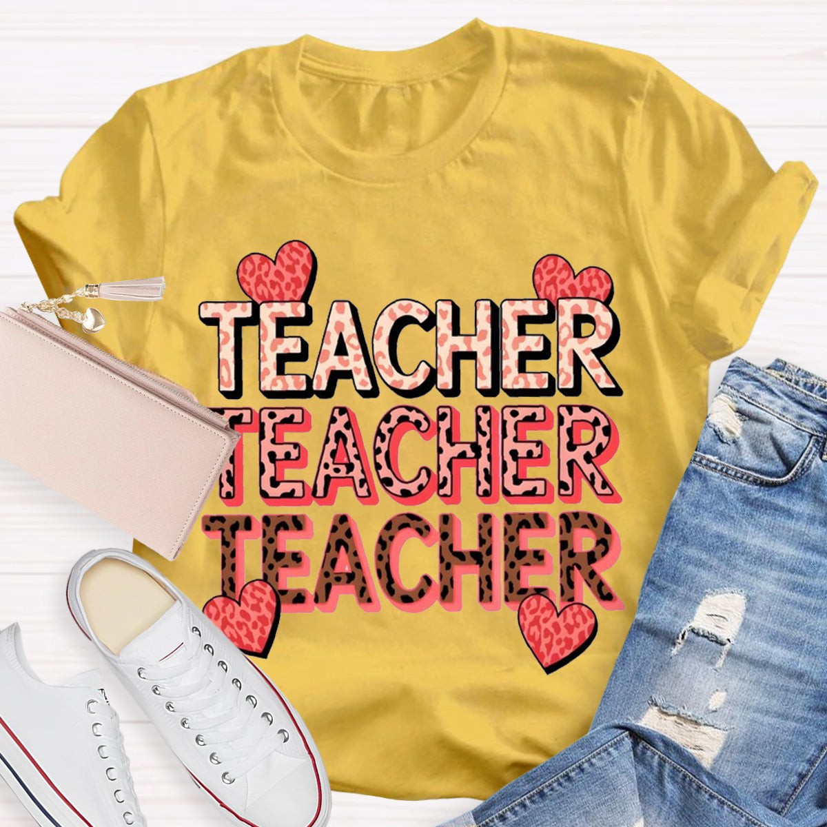 Pink Heart Valentine's Day Teacher T-Shirt