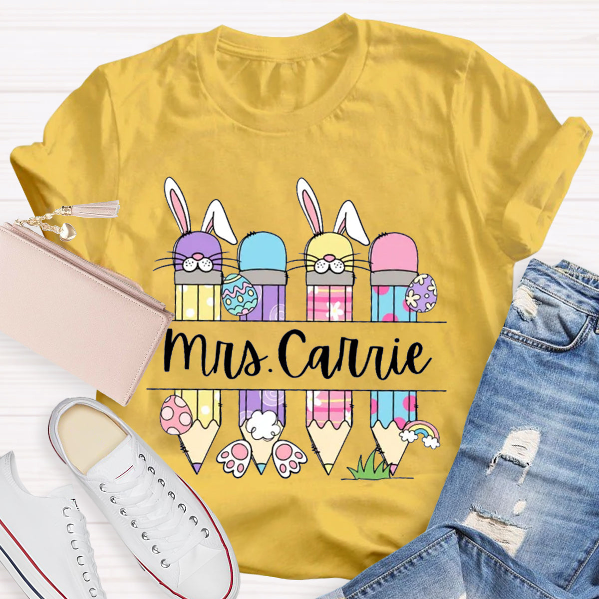 Personalized Name Bunny Teacher T-Shirt