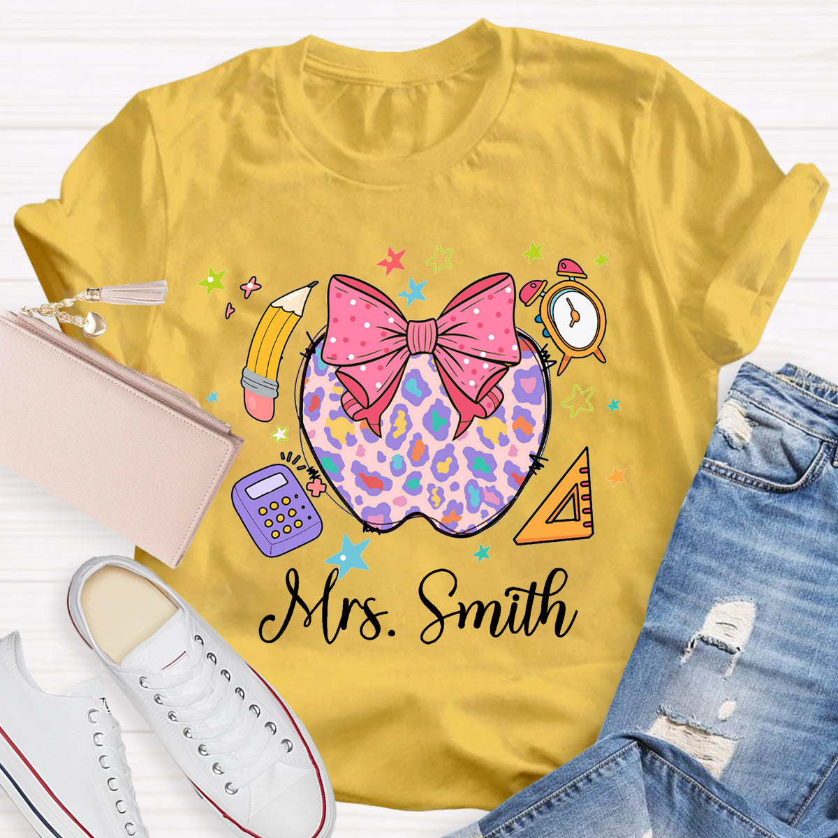 Personalized Name Leopard Apple Teacher T-Shirt