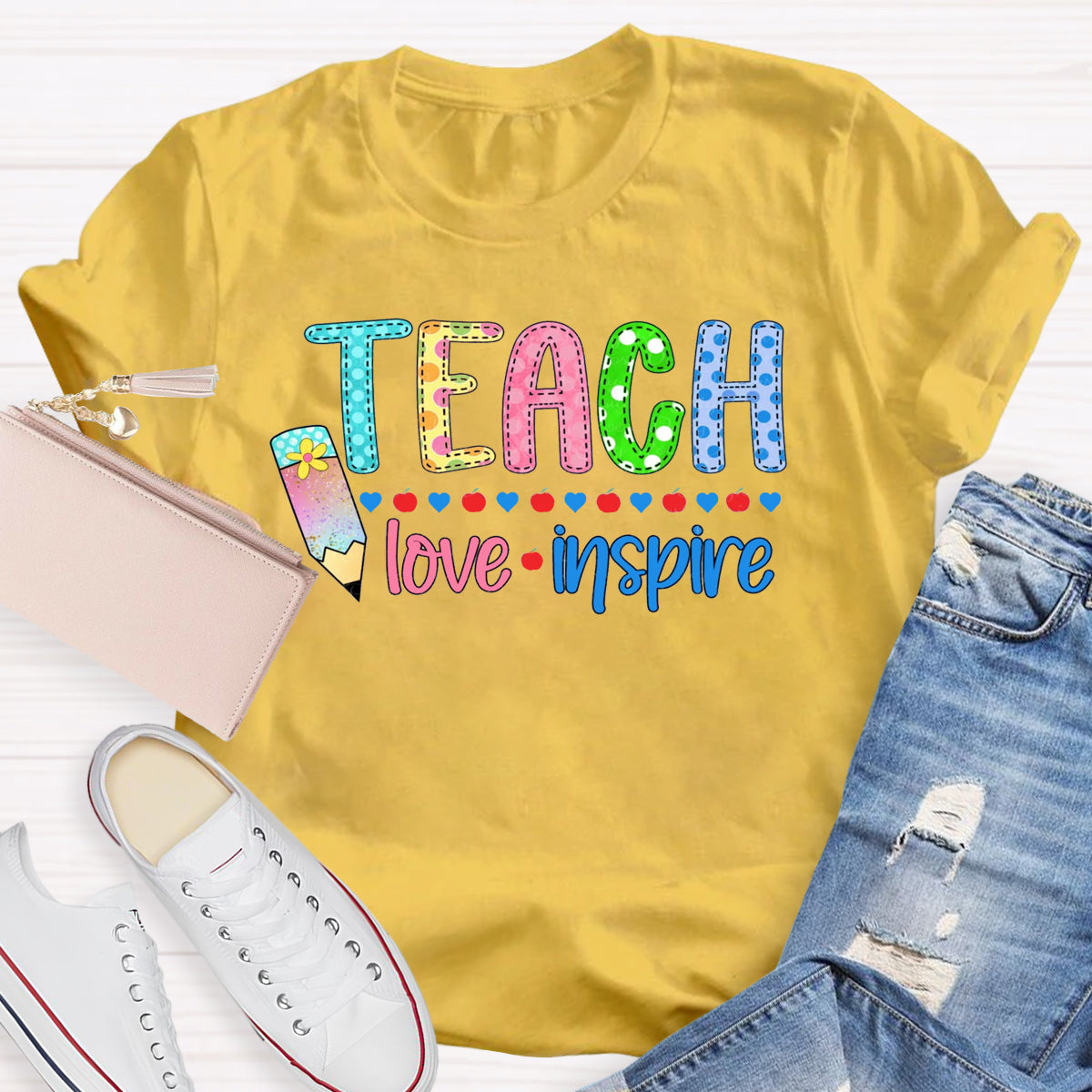 Teach Love Inspire Pencil Apple Printed T-Shirt