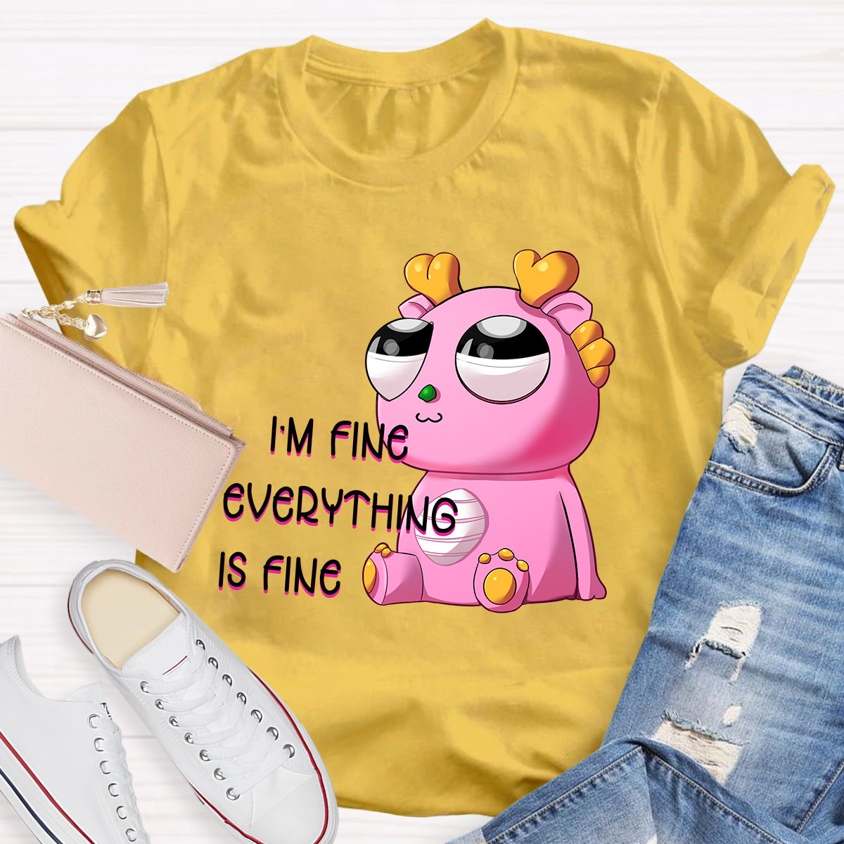 I'm Fine Everything is Fine  Pink Big Eyes Dragon T-Shirt