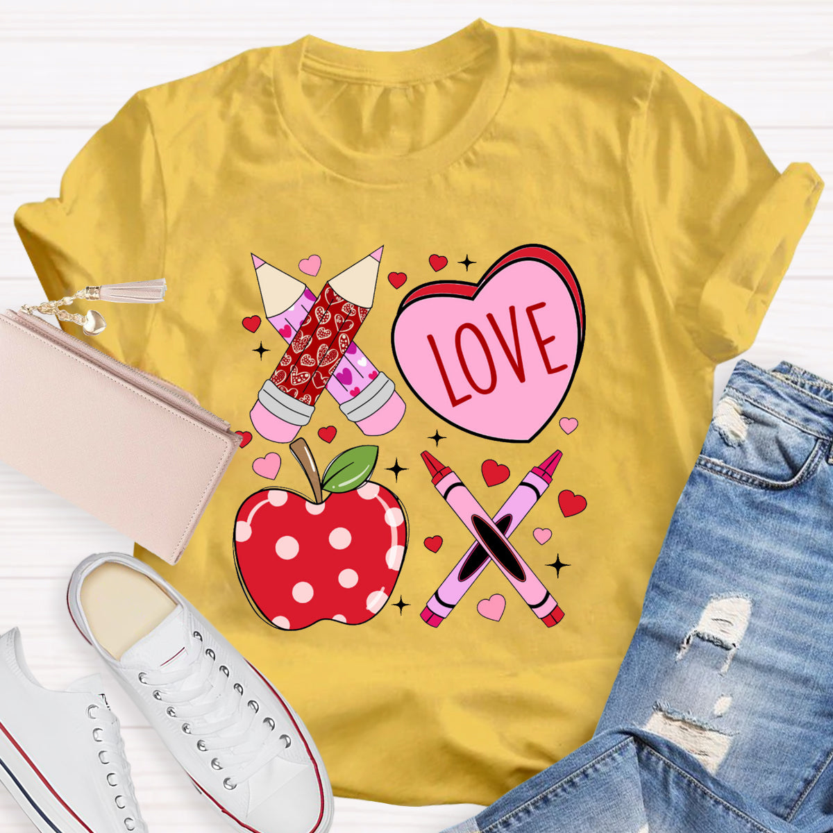 Pink Pencil And Apple Love Teacher T-Shirt